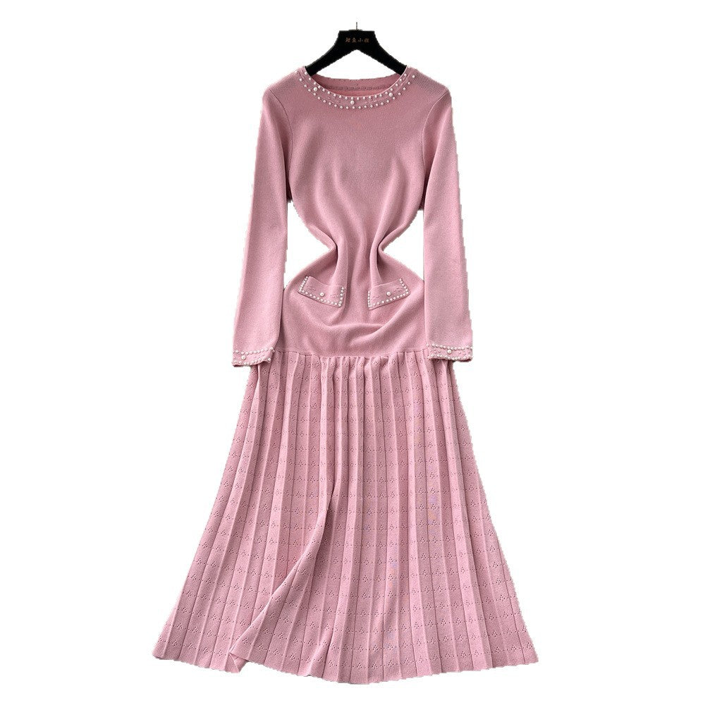 French style beaded round neck long sleeve knitted dress with cutout crochet detail and cinched waist - perfect for layering or as a long sweater dress