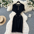 French chic hollow-out knit elegant dress - women's summer ruffle-trimmed black short-sleeve a-line dress - slimming fit