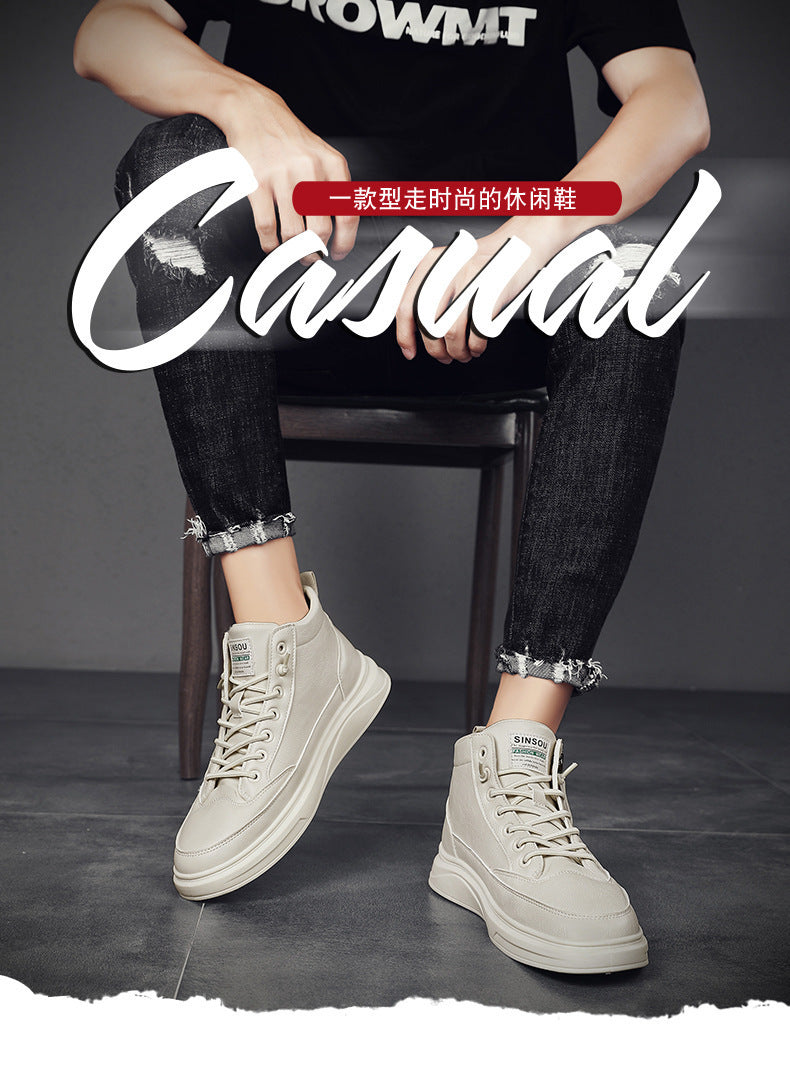 High-top men's shoes spring british style casual leather shoes men's black mid-top sneakers spring waterproofboots trendy