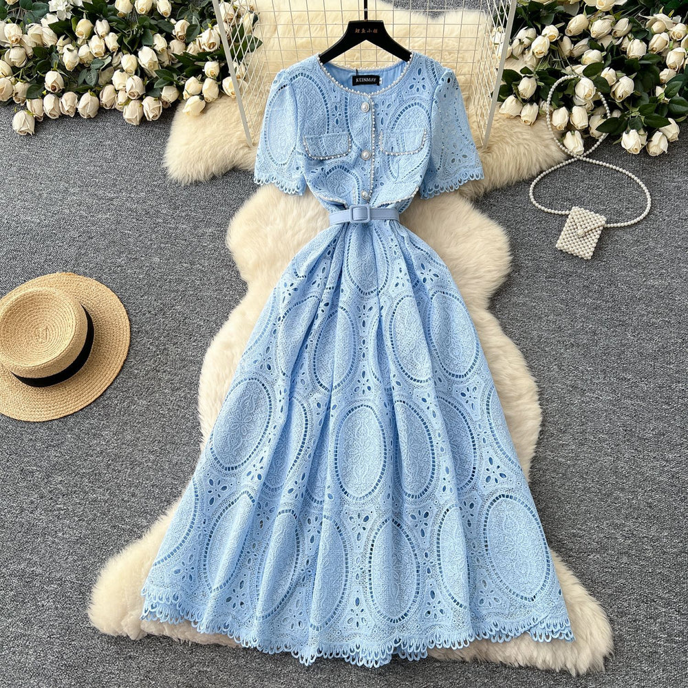 Frenchclassy small fragrant style heavy industry beading round neck short sleeve strap waist cut out crochet lacedress for women