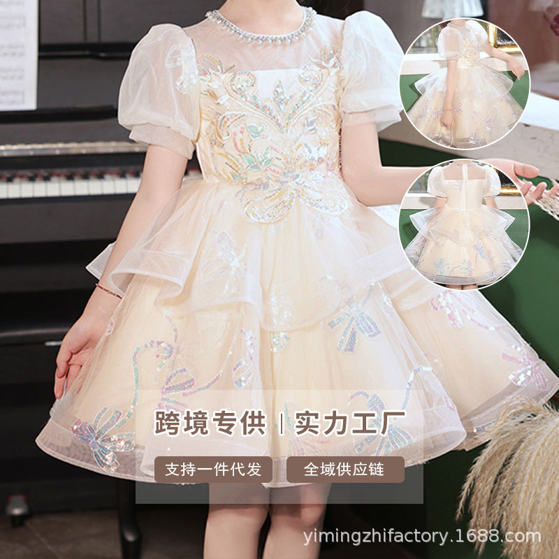 girls' high-end formal dress, luxury niche princess dress, children's piano recital bowknot puff sleeve dress