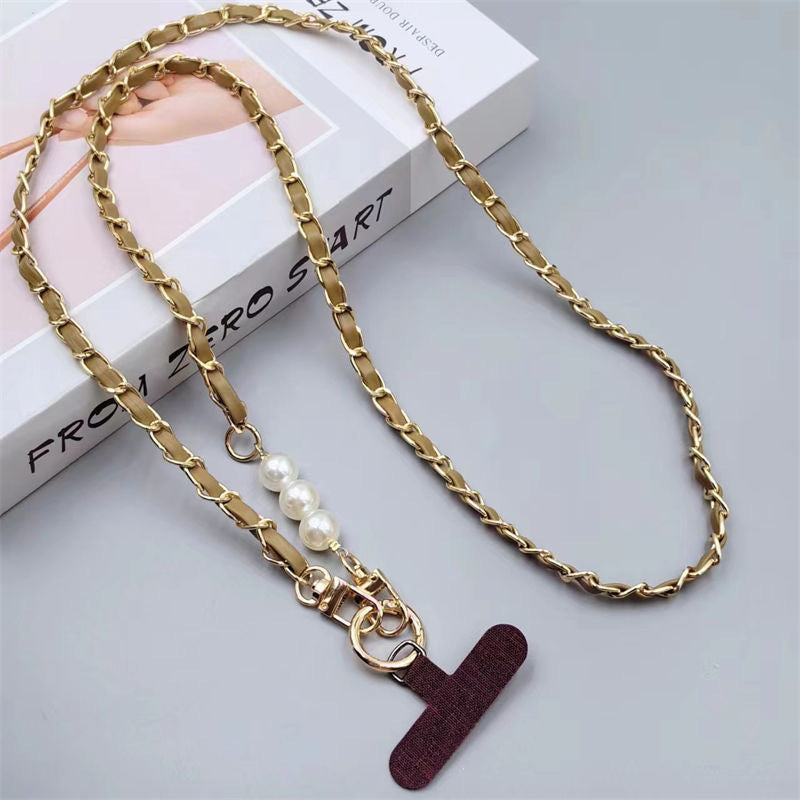 Mobile phone lanyard small fragrant pearl pickup chain long crossbody mobile phone hanging chain metal leather pendant bag chain