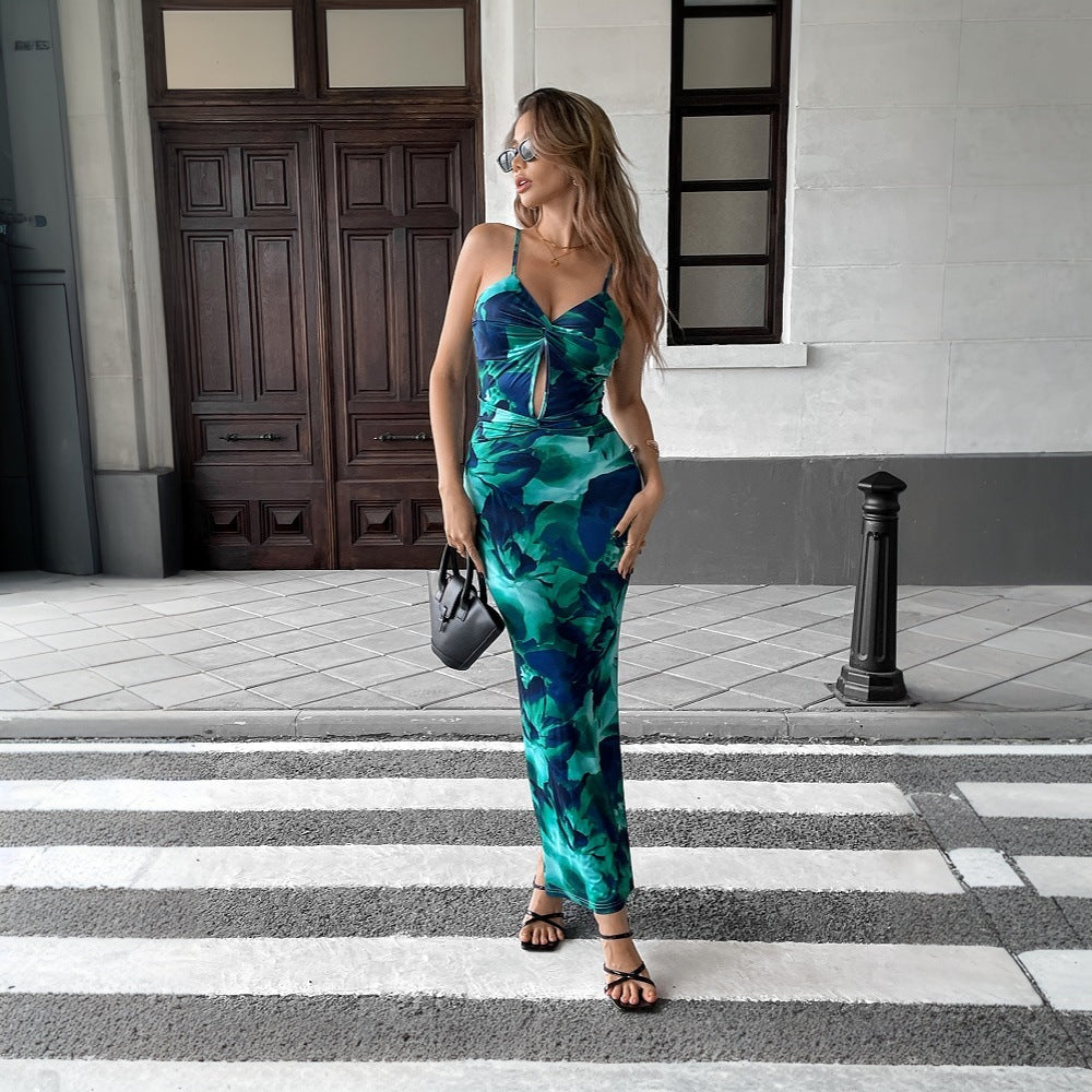 Amazon cross-border fashion:  summer european & american style vacation dress - bodycon, cutout, printed, spaghetti strap maxi dress