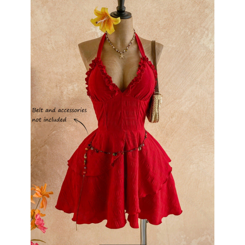 Women's summer fashion casual solid color halter backless asymmetrical hem mini dress (waist chain not included)