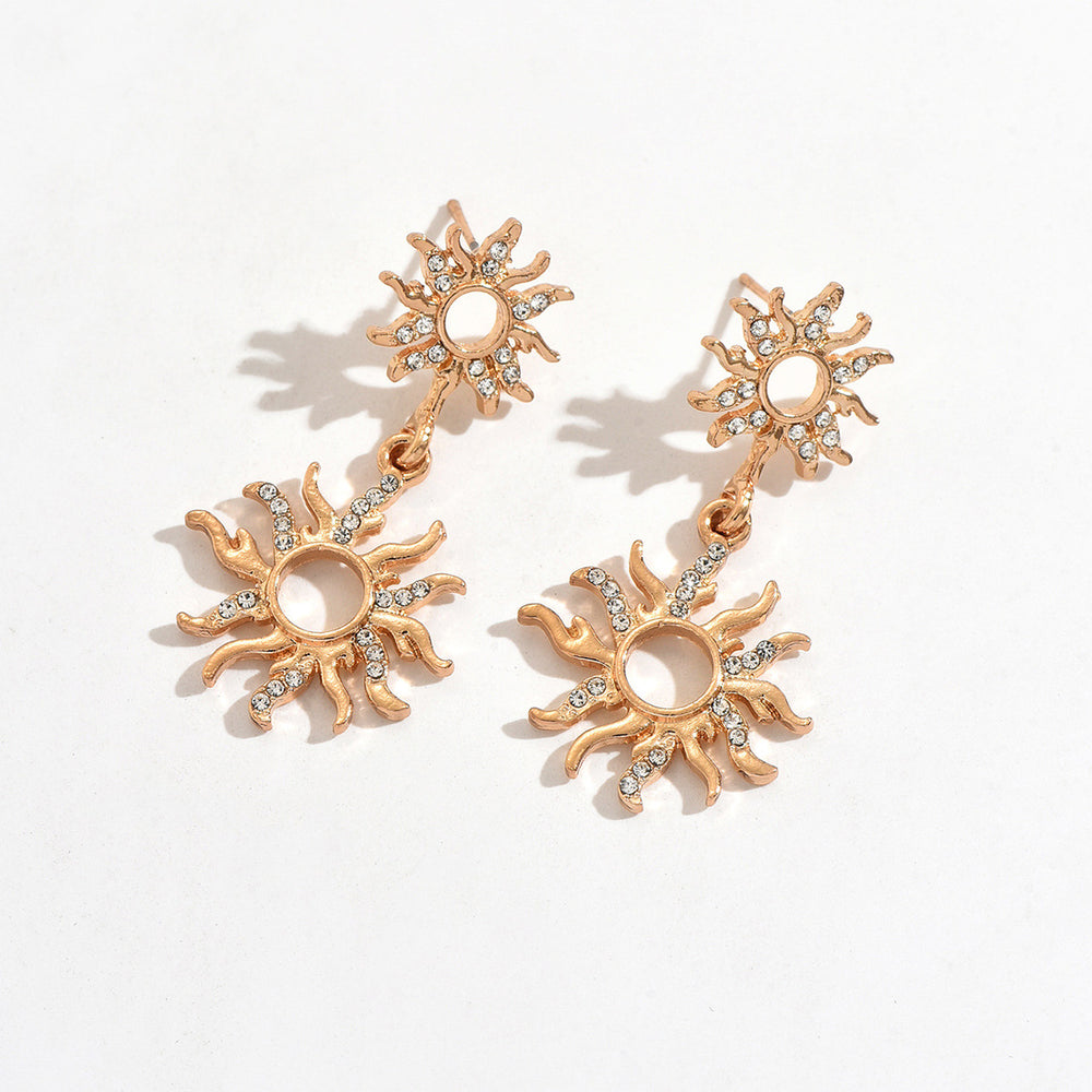 European and american geometric hollow sun pendant earrings - trendy, irregular, diamond-studded alloy earrings wholesale