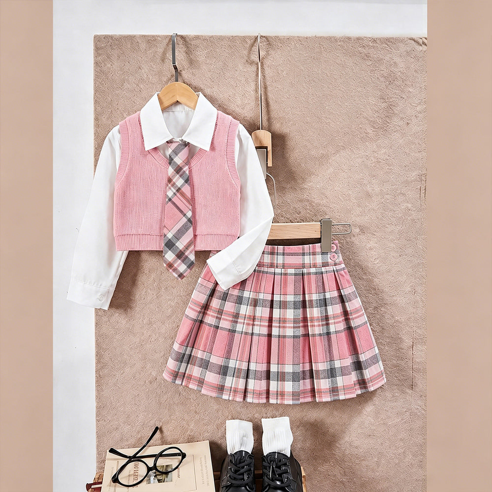 cross-border exclusive: preppy collar shirt + knitted vest with tie + pleated mini skirt three-piece set
