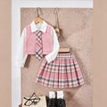 cross-border exclusive: preppy collar shirt + knitted vest with tie + pleated mini skirt three-piece set