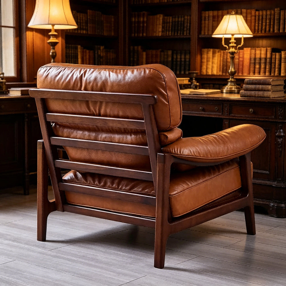 Second-hand style grids first layer real cowhide retro ash wood living room balcony tea master chair single sofa lounge chair