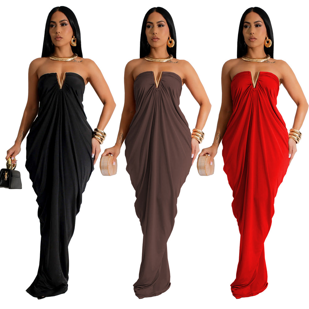C7135 cross-border   fashion women's solid color sexy slim-fit v-neck dress - new arrival