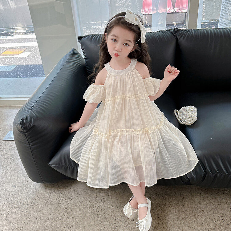 New girls' summer dress : stylish off-the-shoulder sundress for baby girls, princess-style children's formal dress