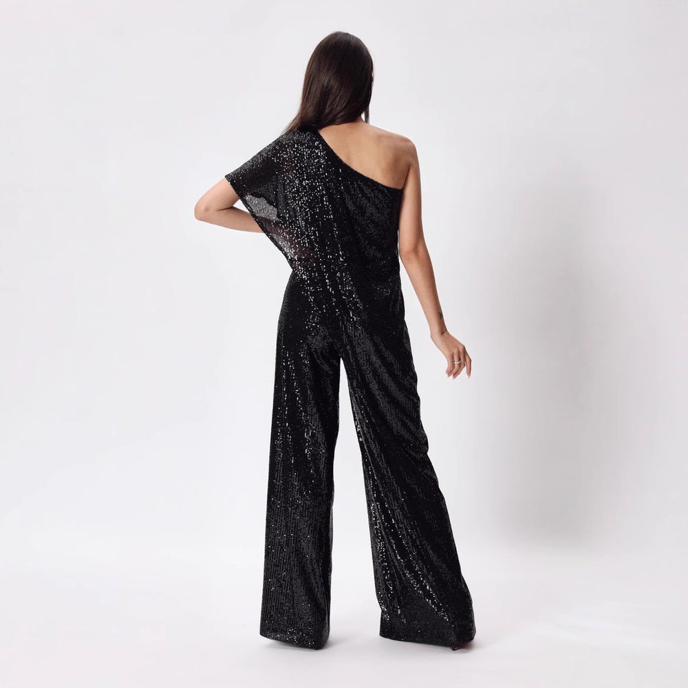 European and american cross-border women's high-end sleeveless bodycon belted dress, amazon one-shoulder sequin ruched jumpsuit
