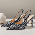 Yx2026new arrival pointed toe stiletto women's shoes elegantfrenchflats tweed tweed style toe cap back hollow sandals