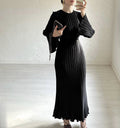 European and american cross-border women's fashion:  autumn hot-selling solid color flared sleeve round neck slim fit elegant dress