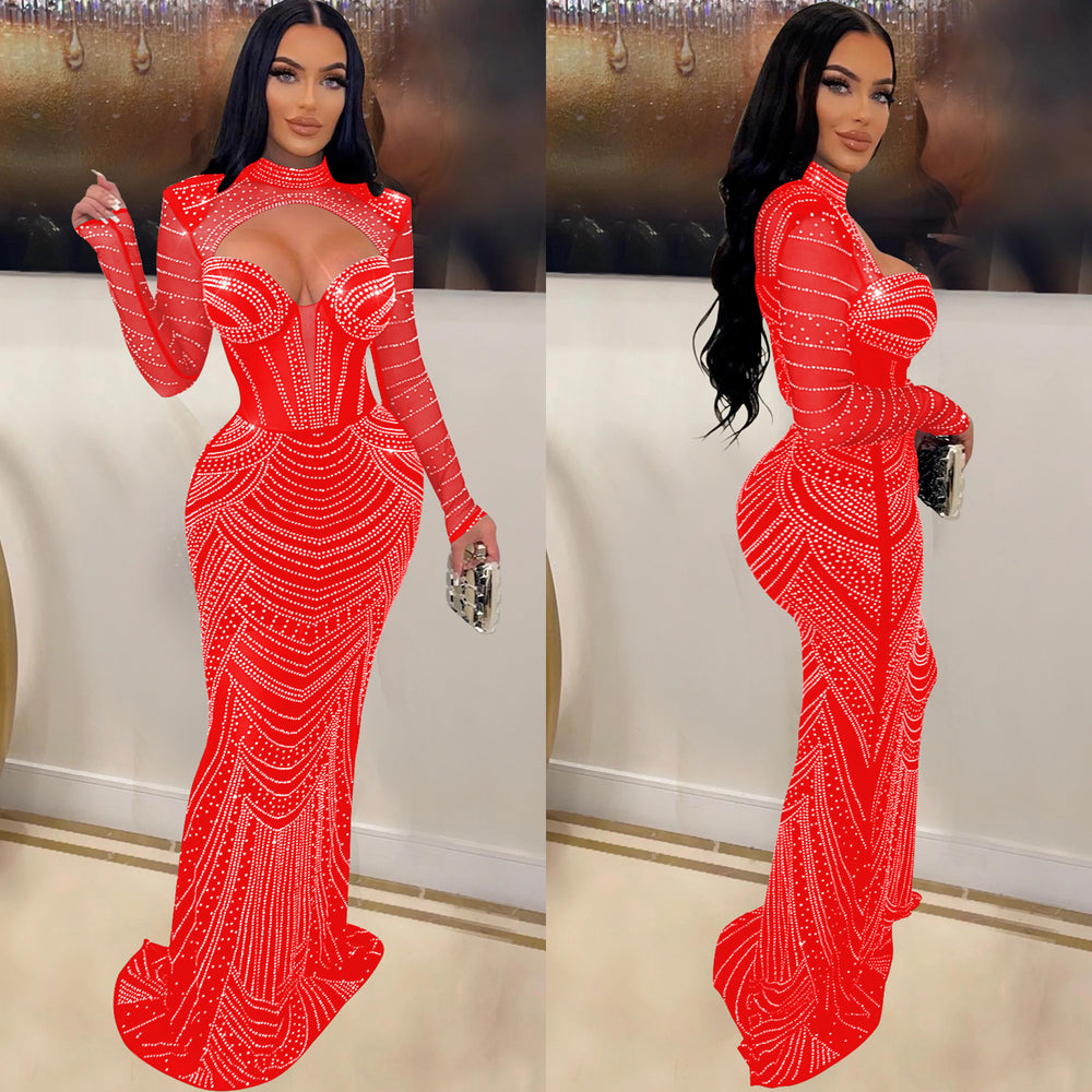 C6170 cross-border   fashion women's solid color hotfix rhinestone mesh long sleeve v-neck dress