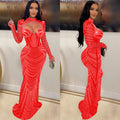 C6170 cross-border   fashion women's solid color hotfix rhinestone mesh long sleeve v-neck dress
