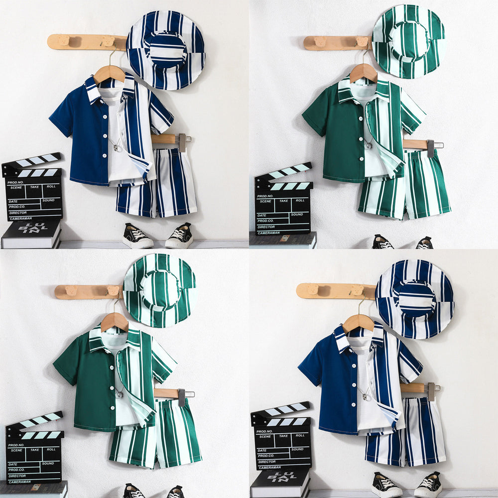 New summer collection: baby & toddler boy's striped color block top + shorts + hat three-piece set - european & american style, cross-border kids' outfit