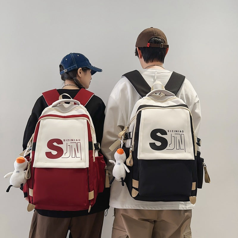 School bag female Japanese tooling style high school student junior high school student contrasting color backpack American retro large-capacity backpack male