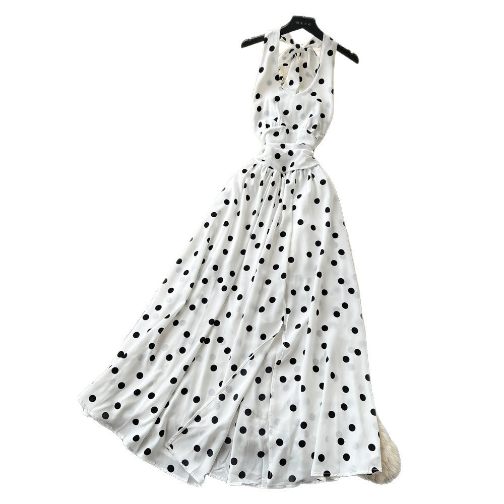 French halter sleeveless polka dot pure desire dress women's summer bowstie back backless waist slit large swing skirt