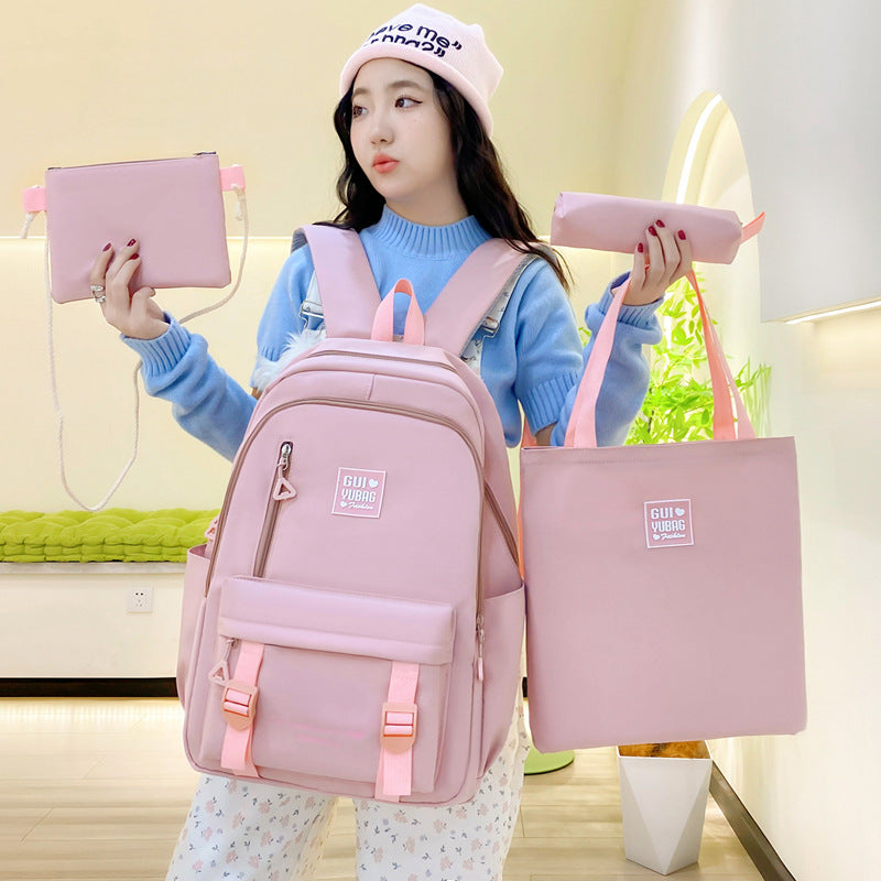 New student schoolbag solid color simple backpack women's large-capacity student four-piece set multi-functional schoolbag tote bag