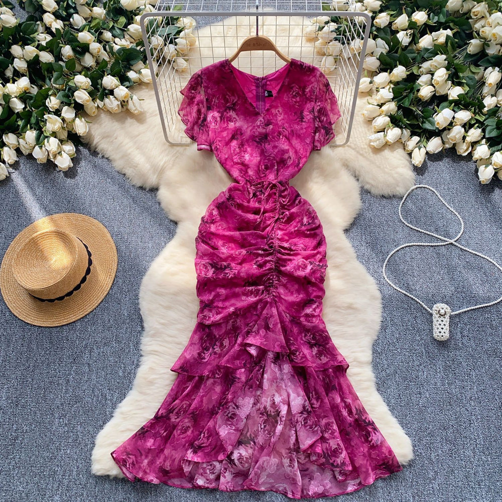 High and cold royal sister goddess style dress scheming pleated straps waist asymmetrical floral chiffon mermaid dress dress