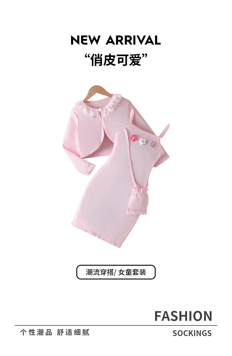 Girls' export dress set: pink suspender dress with long-sleeved floral patchwork outerwear - autumn two-piece outfit for children