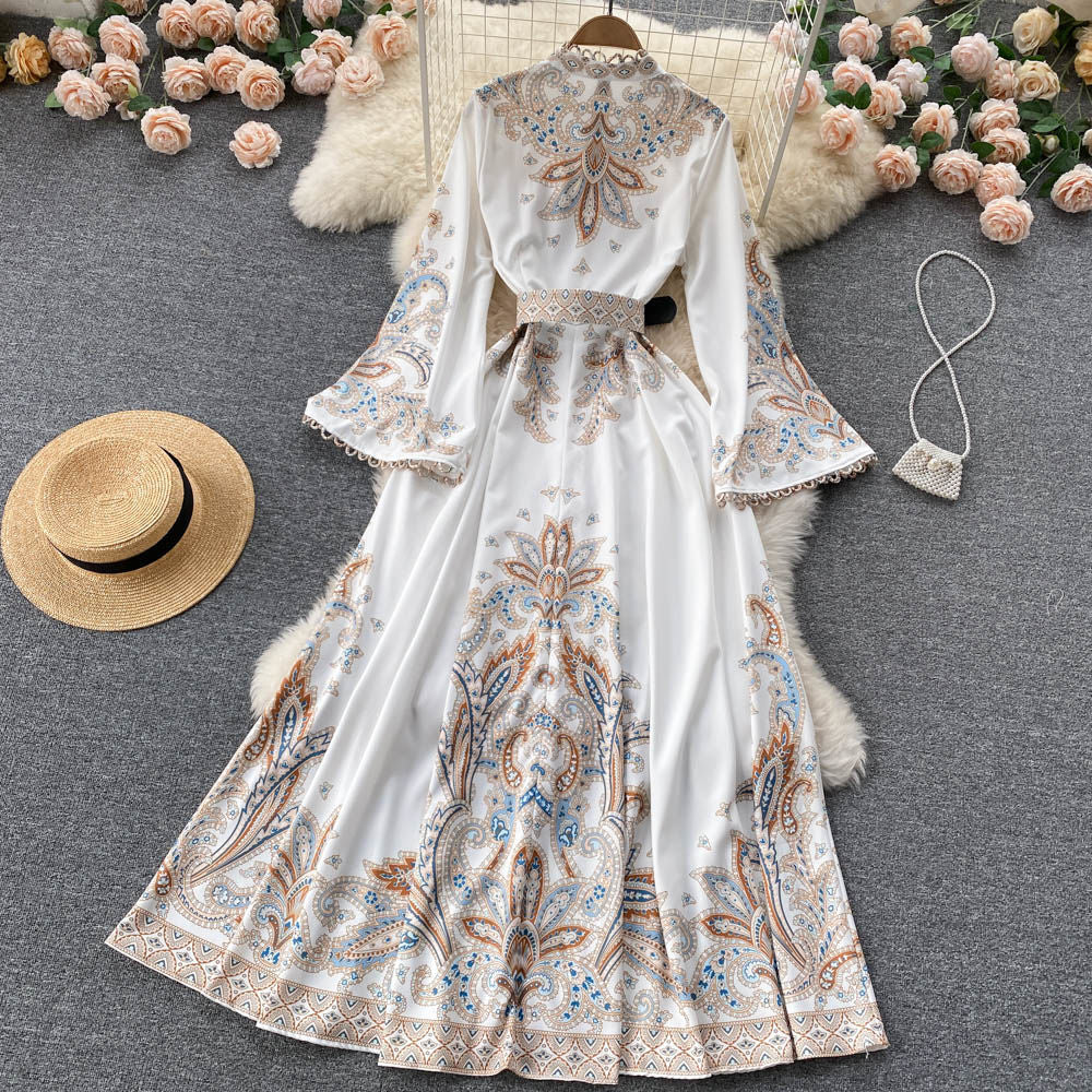 Spring autumretro stand-up collar bell sleeves printingdress women's fashion ins palace style large swing over-the-knee long skirt
