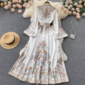 Spring autumretro stand-up collar bell sleeves printingdress women's fashion ins palace style large swing over-the-knee long skirt