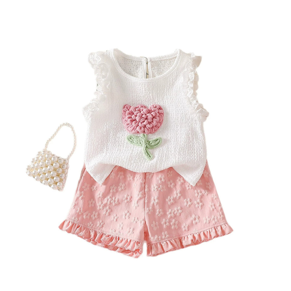 Girls' tulip crochet ruffle trim tank top and floral shorts two-piece set - summer korean style casual outfit for kids - trendy