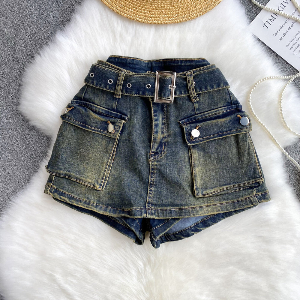 American retro hot girl workwear style skirts women's high waistslimming lookeasiest for matchretro distressed denim shorts women's loose pants