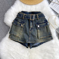 American retro hot girl workwear style skirts women's high waistslimming lookeasiest for matchretro distressed denim shorts women's loose pants