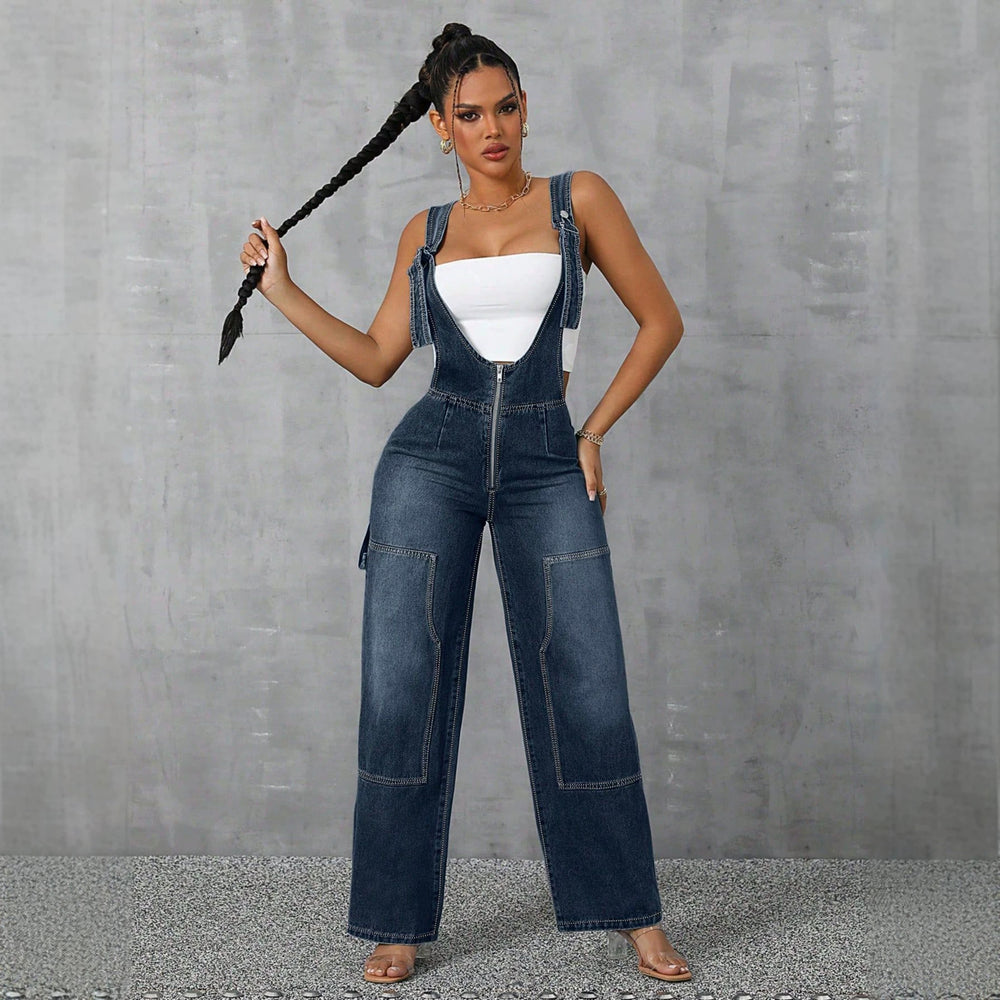 50-65610#  women's fashion european and american style spicy girl overalls jumpsuit wide leg straight leg denim pants