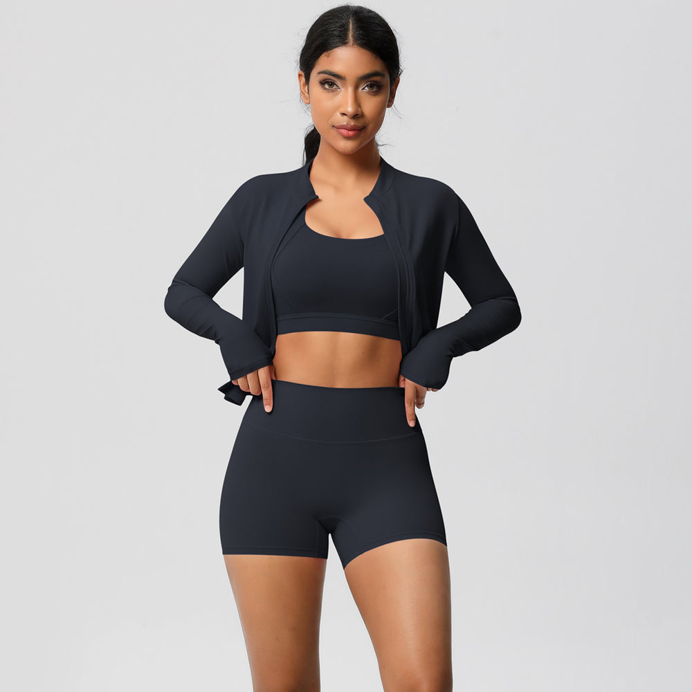 European and american solid color brushed fleece compression quick-dry yoga set - short length cloud-like outdoor running fitness activewear three-piece set