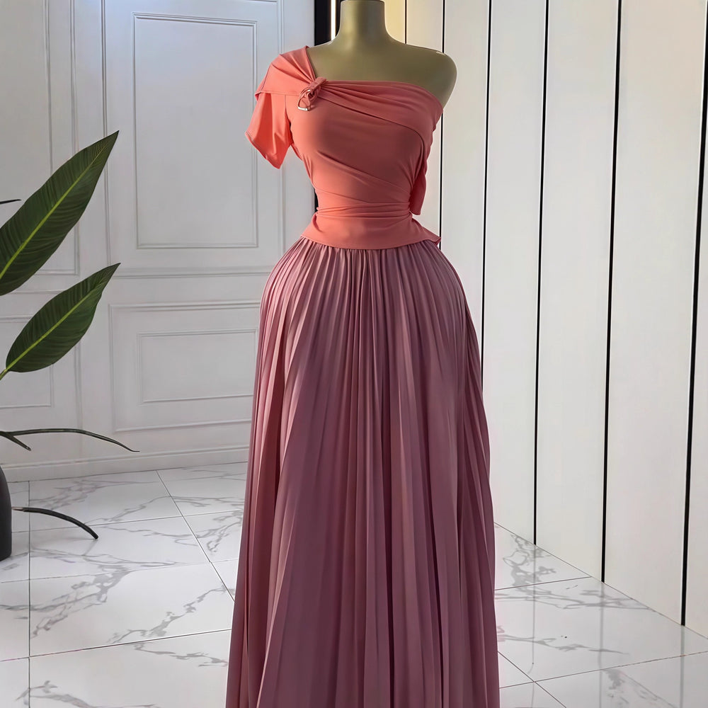 European and american cross-border women's fashion:  autumn new collection - solid color short sleeve bandeau top with asymmetrical neckline, cinched waist, and pleated detailing - elegant two-piece set