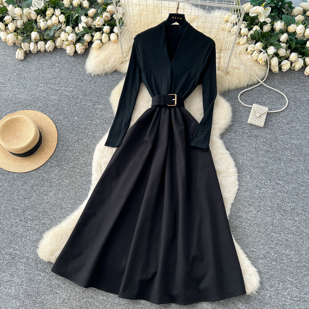 French chic mature woman's high-end v-neck long sleeve patchwork tie-waist dress - elegant inner layer maxi dress