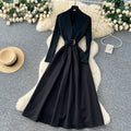 French chic mature woman's high-end v-neck long sleeve patchwork tie-waist dress - elegant inner layer maxi dress