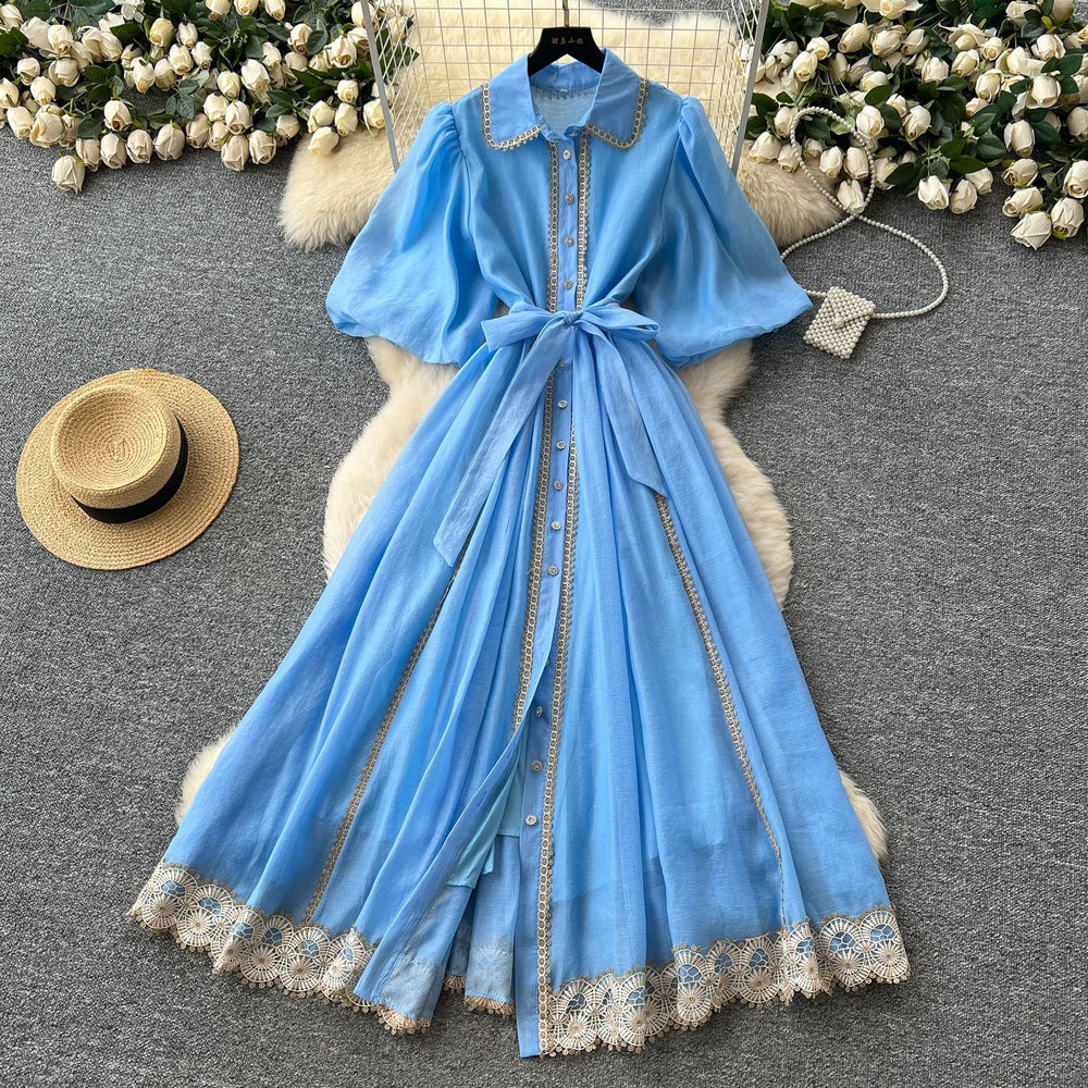 Frenchclassyelegantdress women's palace style straps waist elegantlacepatchwork single breasted large swing long skirt
