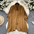 European fashionable tops for women design sense heavy industry inlaid diamond polo collar bat sleeve single breasted loosecasualshirt women