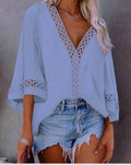 Ready-to-ship european and american style women's tops - new  blouses: v-neck hollow-out lace trim shirts