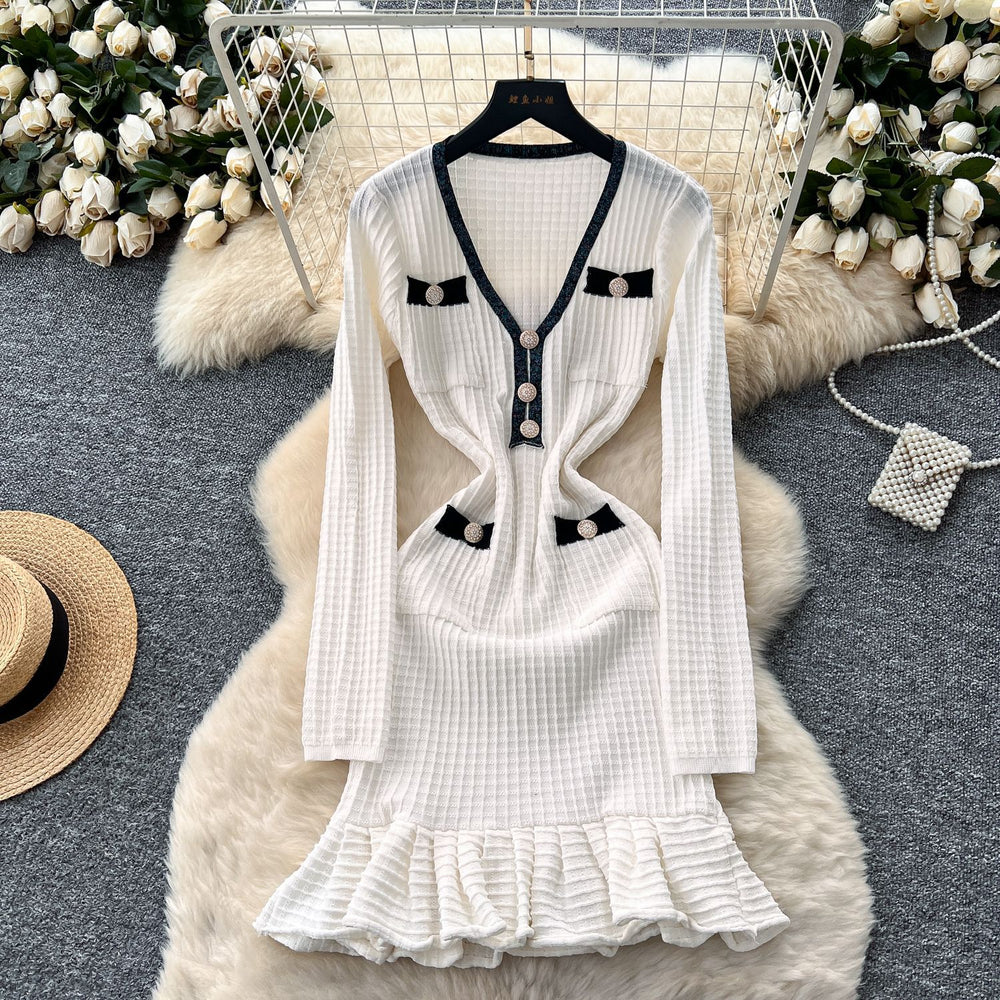 Exportnew arrivalfall and winternew arrivalwaffle gridscontrast color tweed stylev neckknittingdressruffles skirt