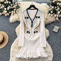 Exportnew arrivalfall and winternew arrivalwaffle gridscontrast color tweed stylev neckknittingdressruffles skirt
