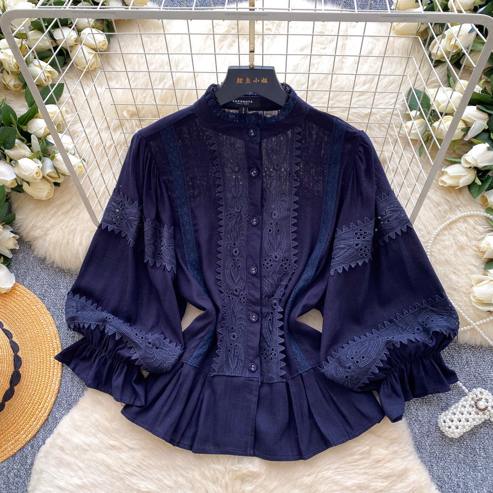 Retro palace style stand collar lace lace shirt women's spring style k-style lantern sleeve cardigan style waist tops