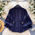 Retro palace style stand collar lace lace shirt women's spring style k-style lantern sleeve cardigan style waist tops