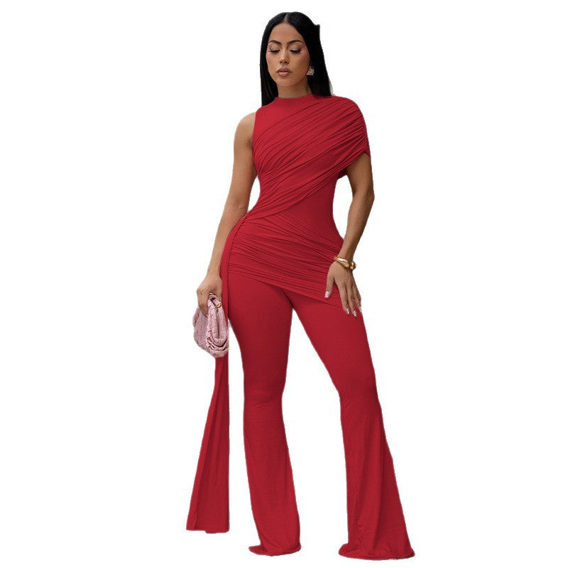 European and american style solid color women's ruched tie-up asymmetrical yoga jumpsuit wide leg high neck one-shoulder bodysuit