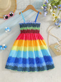 girls' sundress - rainbow gradient patchwork bohemian beach vacation summer maxi dress