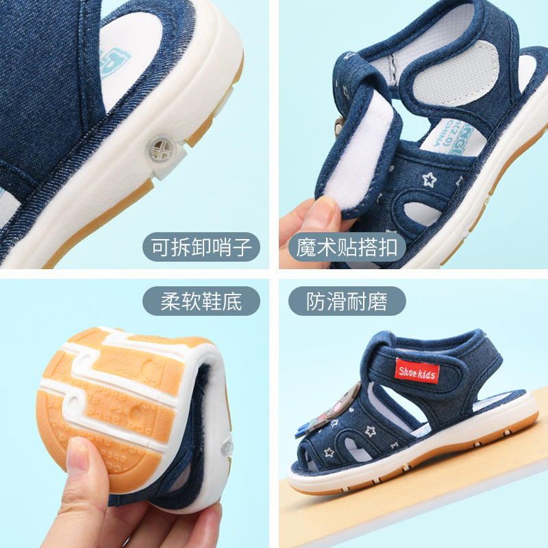 Baby cloth sandals for boys, summer, ages 0-1-2-3 years, infant anti-slip soft sole squeaky shoes, girls' first walker shoes, baby shoes