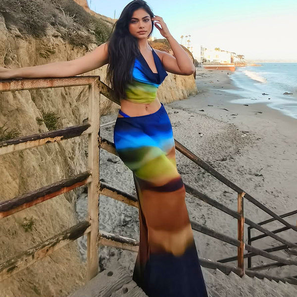 European and American style 2025 summer  new street trend digital printing sleeveless neck top skirt set