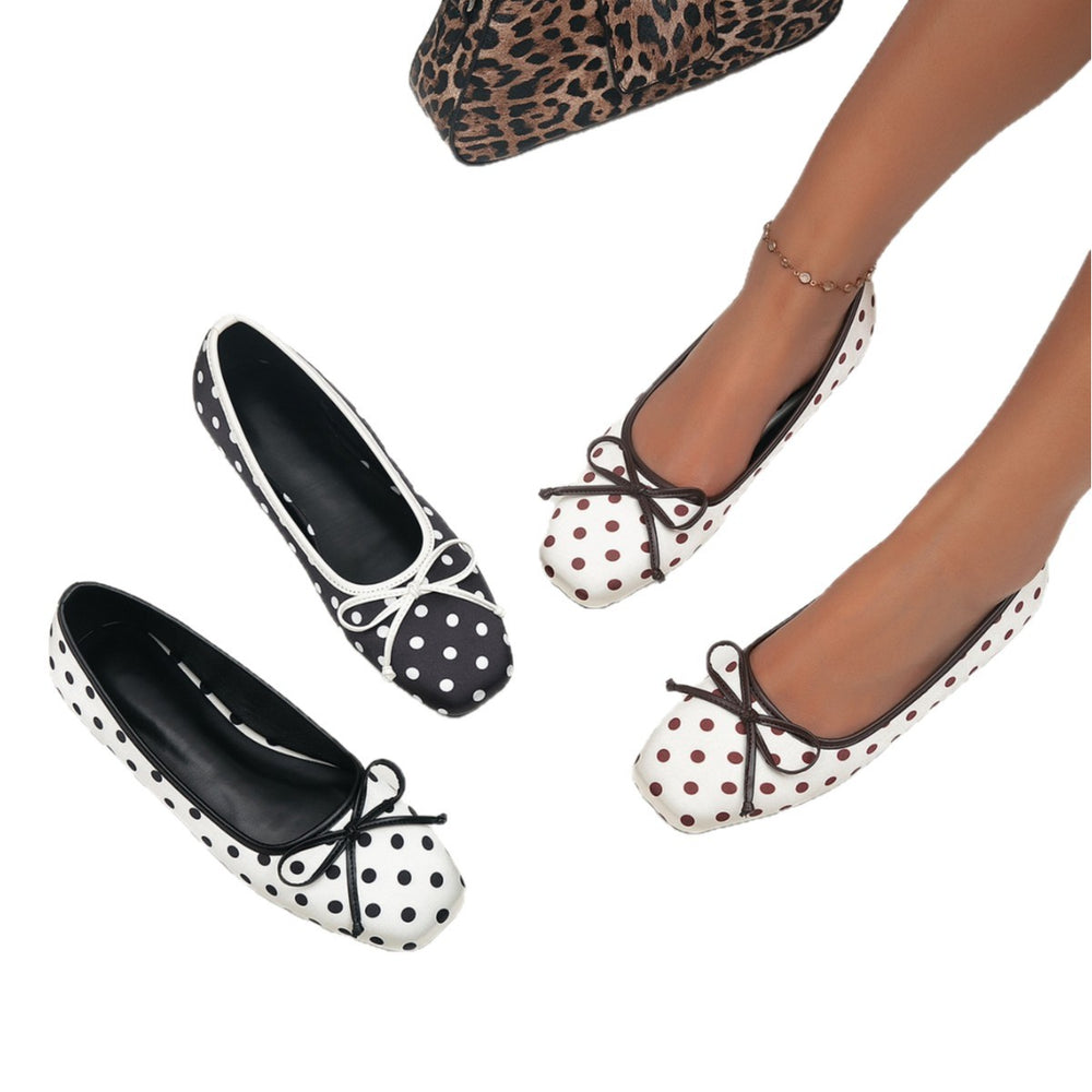 Retro hong kong style hidden heel polka dot square toe flats women's 2026new arrival shallow mouth evening wind bows ballet shoes