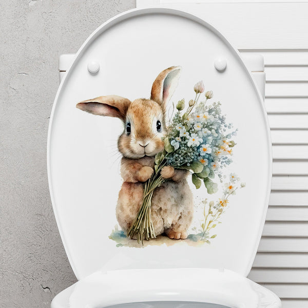 Watercolor rabbit toilet lid decorative sticker bathroom glass wall decoration beautification sticker toilet flower  sticker