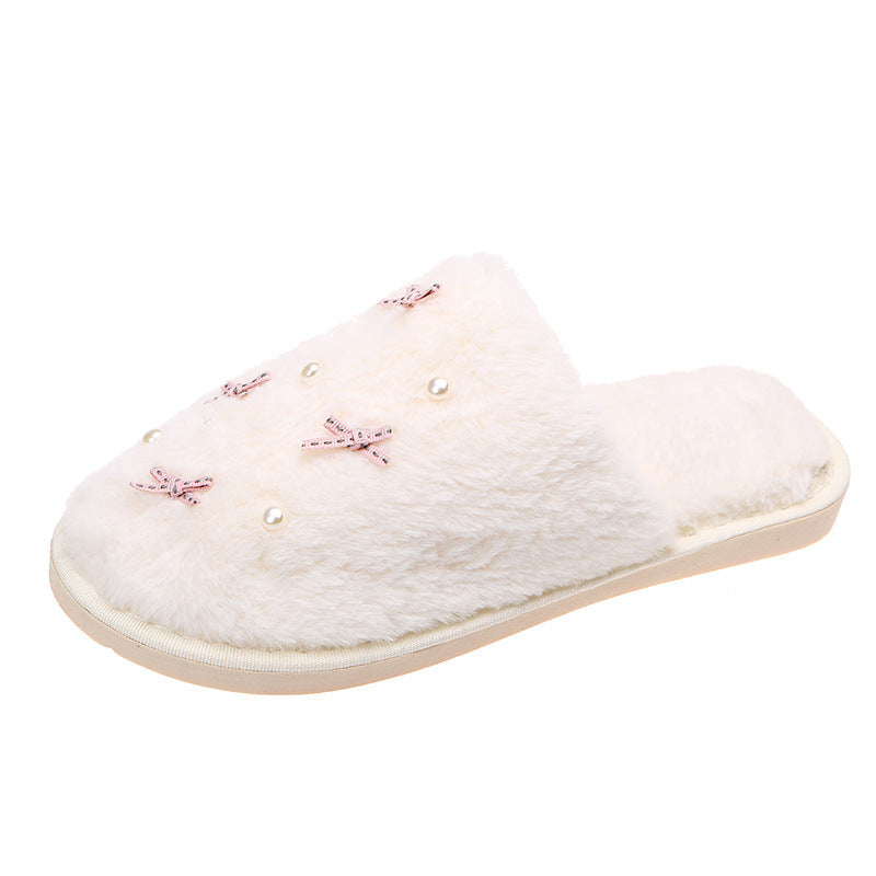 Cute girly ins style cotton slippers for women indoor flatsfor homeheattechfall and winterbowspopular furry slippers