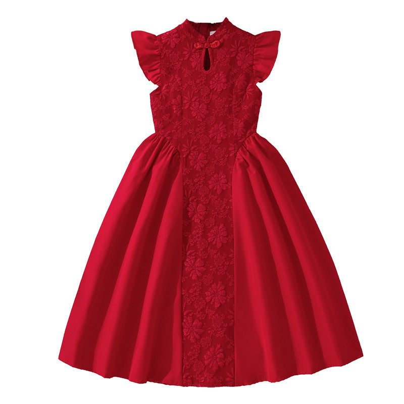 Girldress cross-border children's clothing summernew arrival red chinoiserie heavy industry embroideredpatchwork waist dress princess dress